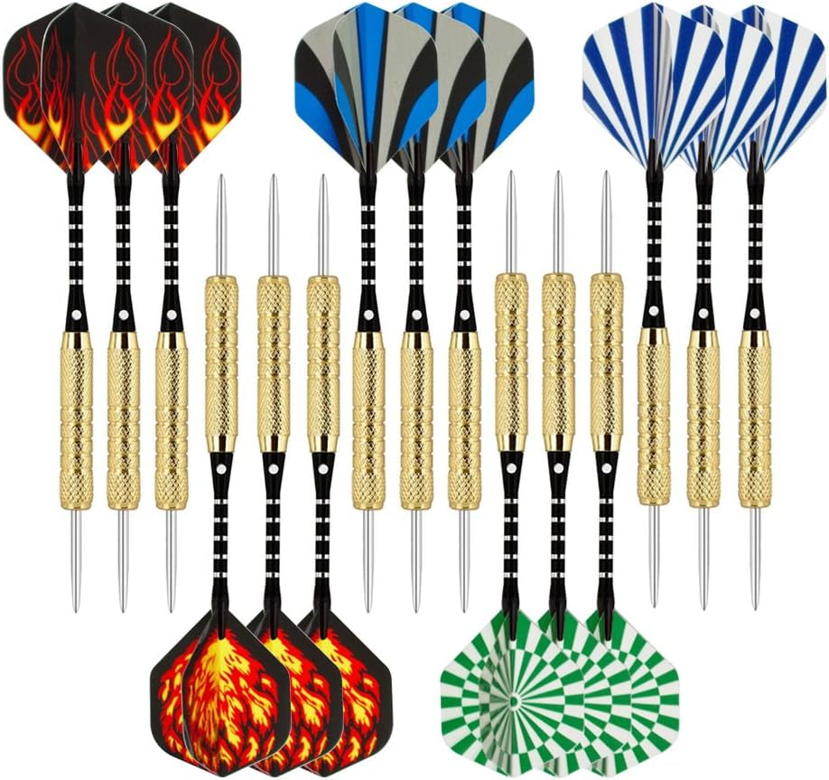 (18 Grams) - 15 Pack Steel Tip Darts 18 Grammes with Aluminium Shafts and 5 Style Flights + Extra Dart Sharpener